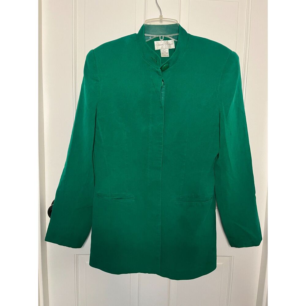 Vintage Casual Corner 100% Silk Emerald Green Long Jacket Coat Size 8